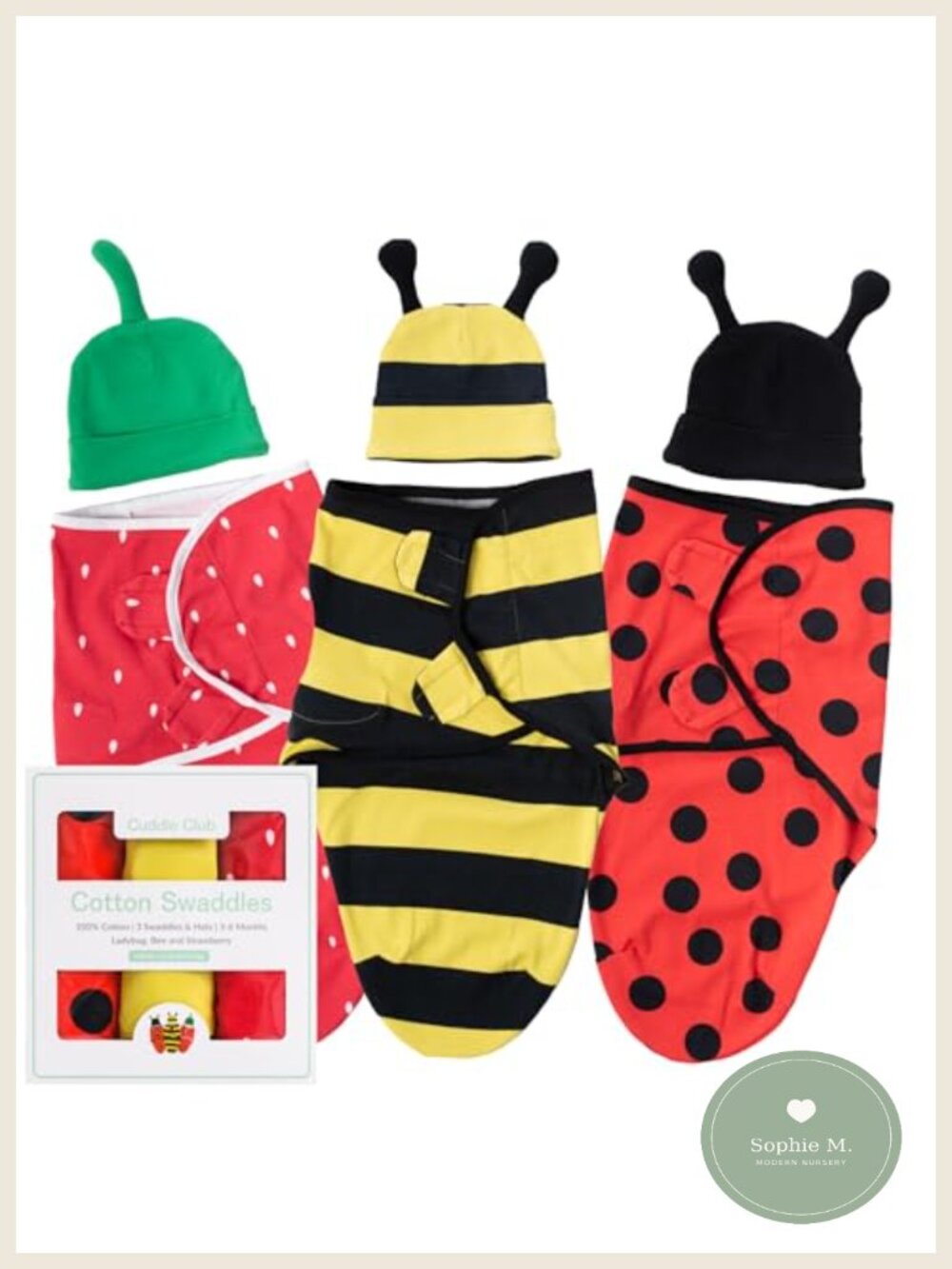 100% Cotton Adjustable Baby Swaddle Wrap with Hook and Loop - 3 Pack with Beanie - Picture 1 of 6